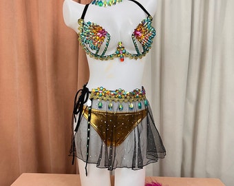 PARTY club Samba dress Bra Belt  and Mini skirt Mutli  Color Stones RAVE costume C046