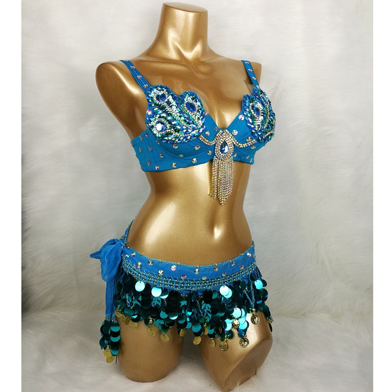 Samba Belly Dance Costume FREE SHIPPING Hand Beaded Blue Color Bra and Scarf image 3