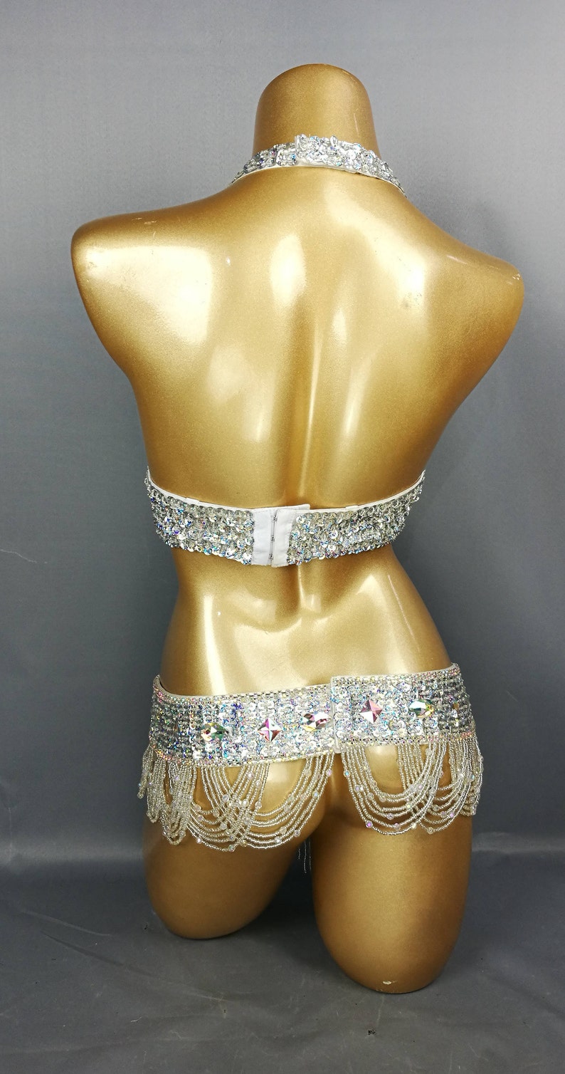 Halloween costumes Hand make Beaded Belly Dance Samba Costume silver color bra belt 3 pcs tf1732 image 6