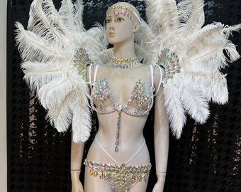 Samba Carnival wire bra and  panty and feather Hand Beads Passista Pageant Cabaret Broadway Theater Mardi Gras, Vegas Showgirl