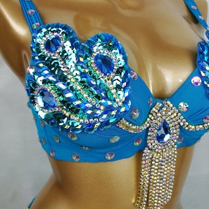 Samba Belly Dance Costume FREE SHIPPING Hand Beaded Blue Color Bra and Scarf image 4