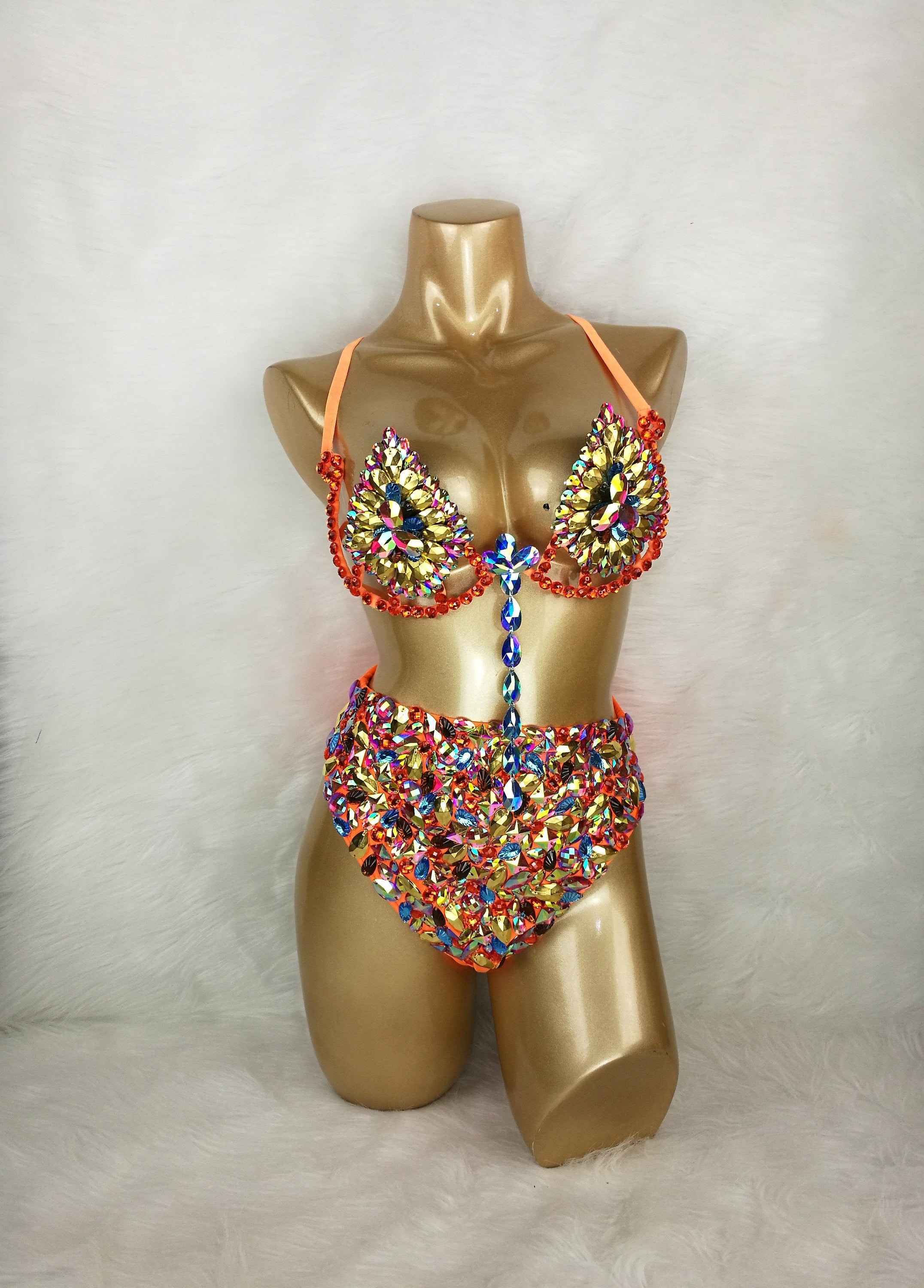 Samba Carnival Wire Bra and Belt Costume 2pcs/Set with Rainbow stones