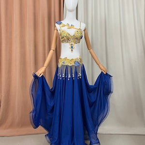 Halloween costumes Hand make Beaded Belly Dance Samba Costume ryoal blue&gold color bra belt 3 pcs tf1921+sk1905