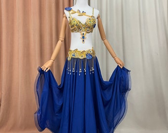 Halloween costumes Hand make Beaded Belly Dance Samba Costume ryoal blue&gold color bra belt 3 pcs tf1921+sk1905