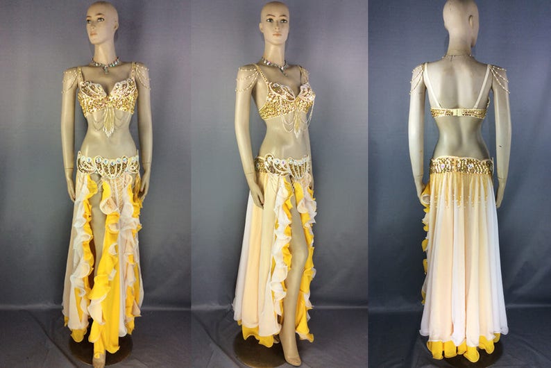 TF2152+SK37 Hand Beaded Belly Dance Samba Costume gold color bra belt skirt+neck 4 pcs GOLD COLOR