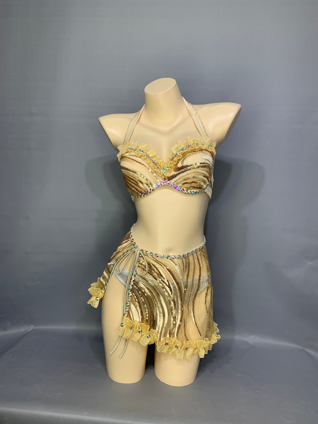 Carnivel Samba RAVE Wire Bra Panties Skirt Paty Pole Dance Night Club  Diving Suit Acrylic Stone Gold -  Australia