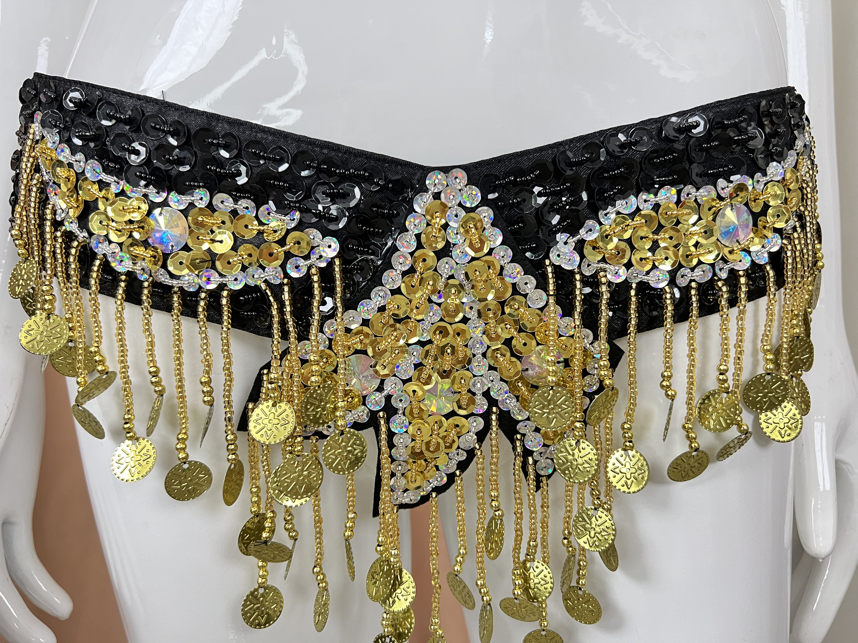 VINTAGE GOLD AND BLACK BEADED BELLY DANCING BELT Samba Belly Dancing Hand Beaded Costume Black & Gold Color  main image 4