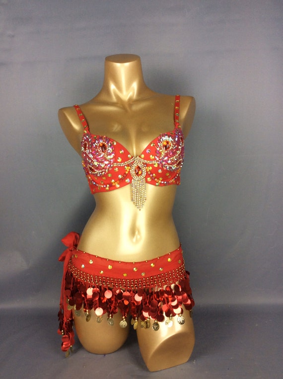 Samba Belly Dance Costume FREE SHIPPING Hand Beaded Red Color Bra and Scarf  -  Israel