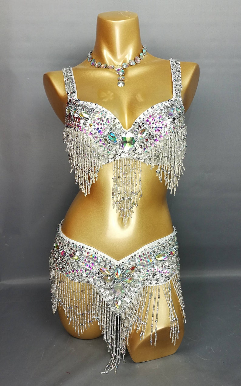 FREE SHIPPING Hand Beaded Belly Dancing Samba Costume silver color bra belt 2pcs tf1618 