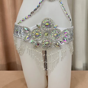 Halloween costumes Hand make Beaded Belly Dance Samba Costume silver color bra belt 3 pcs tf1732 image 3