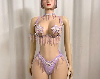 New Samba Carnival Sexy Handmade Wire Bra And Panty Stone Costumes Purple Color With Arm Band,leg band For EDC Party