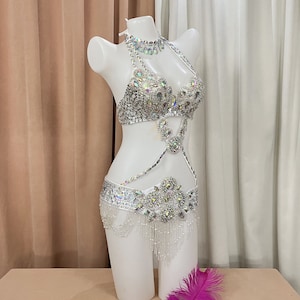 Halloween costumes Hand make Beaded Belly Dance Samba Costume silver color bra belt 3 pcs tf1732 image 1