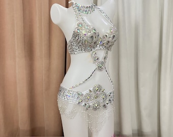 Déguisements d'halloween confectionnés à la main en perles de danse du ventre, costume de samba, ceinture de soutien-gorge de couleur argentée, 3 pièces tf1732