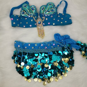 Samba Belly Dance Costume FREE SHIPPING Hand Beaded Blue Color Bra and Scarf image 6