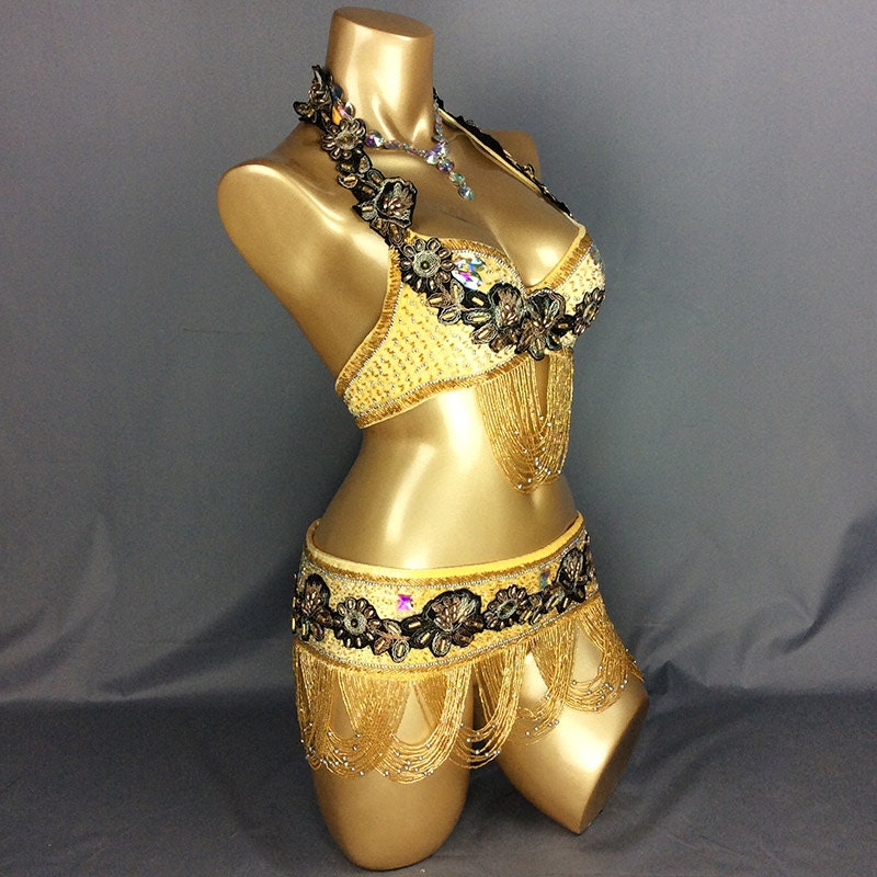 FREE SHIPPING Hand Beaded Belly Dance Samba Costume Gold Bra Belt