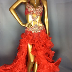 FREE SHIPPING Hand Beaded Belly Dance Samba Costume red color bra+ belt +skirt+neck 4 pcs tf1732