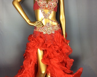 FREE SHIPPING Hand Beaded Belly Dance Samba Costume red color bra+ belt +skirt+neck 4 pcs tf1732