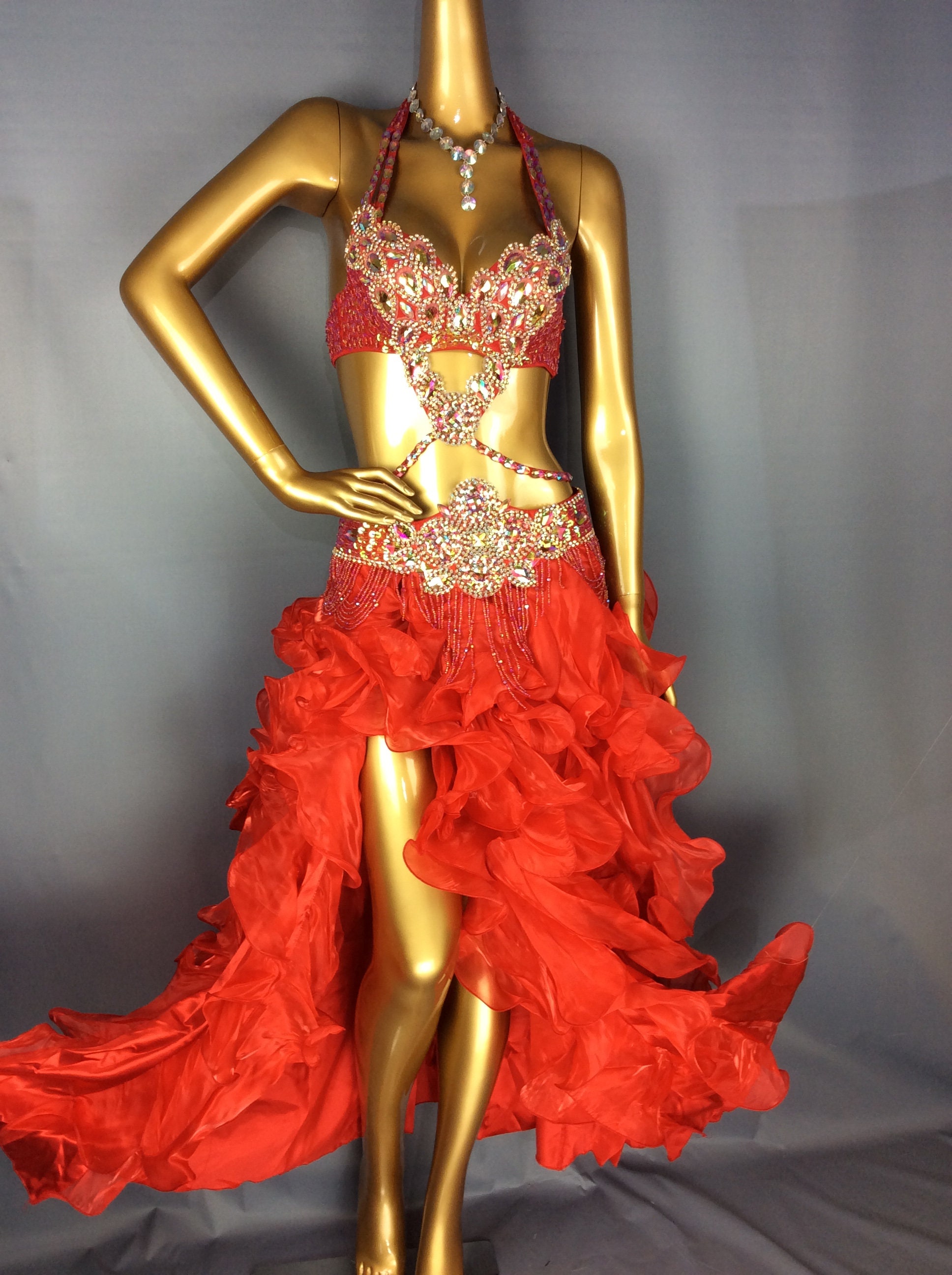 Buy Samba Belly Dance Costume FREE SHIPPING Hand Beaded Red Color Bra and  Scarf Online in India 