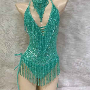 Sexy Women Beads Bodysuit Sequin Swimsuit latin Belly Dance Costume Dancer One-Piece Outfit Costume Stage Performance Leotard