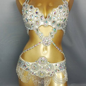 Halloween costumes Hand make Beaded Belly Dance Samba Costume silver color bra belt 3 pcs tf1732 image 4