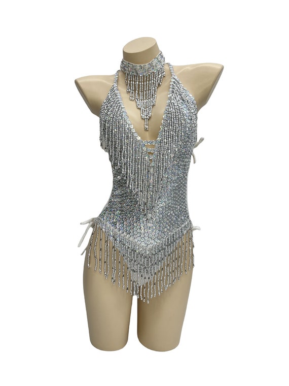 Sexy Women Beads Bodysuit Sequin Swimsuit Latin Belly Dance Costume Dancer  One-piece Outfit Costume Stage Performance Leotard 