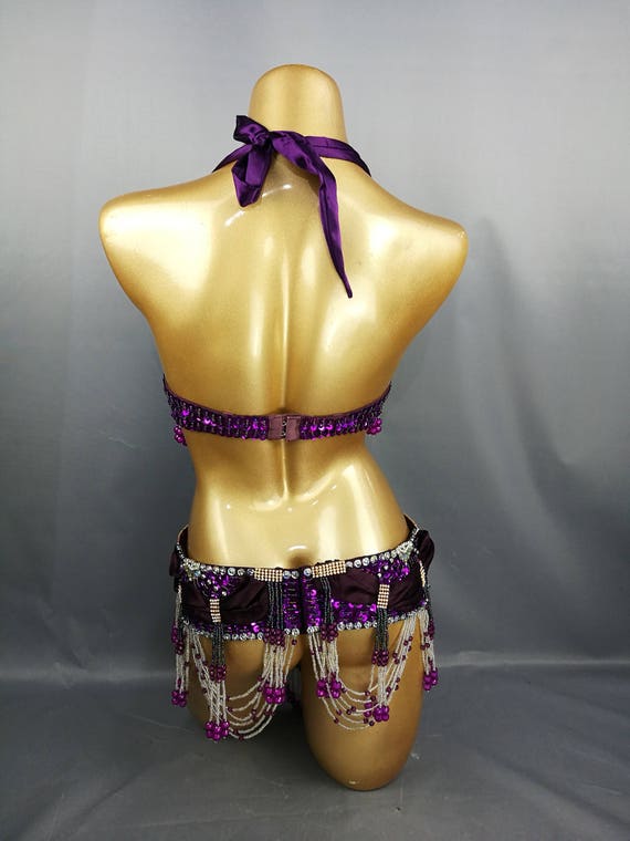 Halloween Costumes Hand Beaded Belly Dance Samba Costume Purple Color Bra  Belt 2pcs 