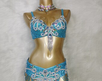 Ensemble de soutien-gorge et ceinture de costume de samba de danse du ventre perlées à la main # TF2053 4 couleurs