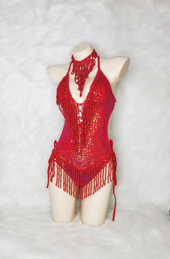 Sexy Women Beads Bodysuit Sequin Swimsuit RAVE Dancer One piece