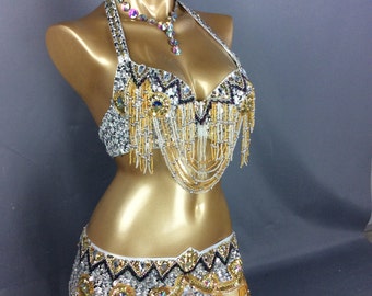 FREE SHIPPING Hand Beaded Belly Dance Samba Costume halloween costumes bra belt 2pcs