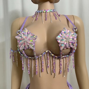 May include: A lavender-colored lingerie set with a matching choker and arm cuffs. The bra features large, flower-shaped embellishments and dangling beaded fringe. The set is adorned with iridescent sequins and rhinestones.
