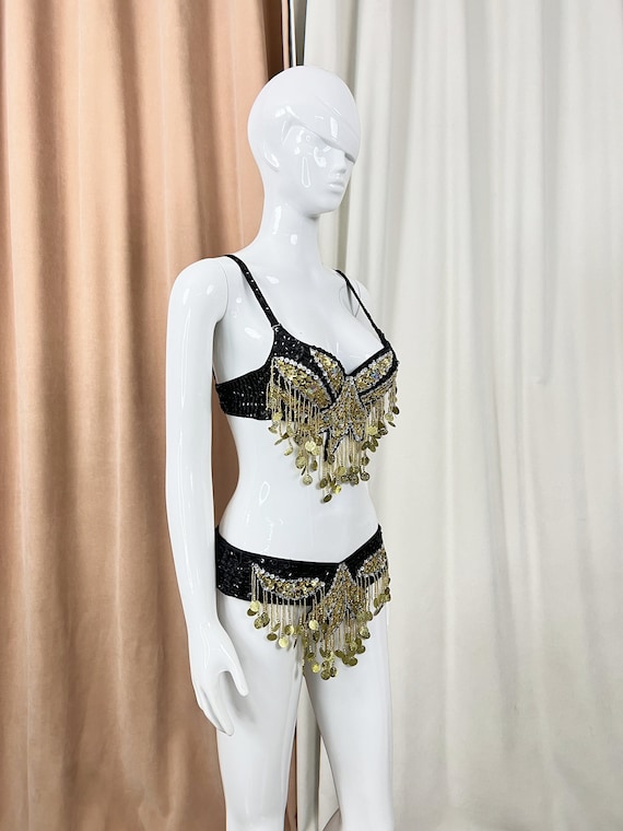 Samba Belly Dancing Hand Beaded Costume Black & Gold Color Bra