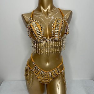 Samba Carnival wire bra and  panty Hand Beads Passista Pageant Cabaret Broadway Theater Mardi Gras, Vegas Showgirl Swimsuit C049