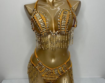 Samba Carnival wire bra and  panty Hand Beads Passista Pageant Cabaret Broadway Theater Mardi Gras, Vegas Showgirl Swimsuit C049