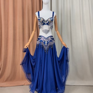 Livraison gratuite Costume de samba de danse du ventre en perles à la main or blanc rouge bleu royal soutien-gorge ceinture jupe Royal blue