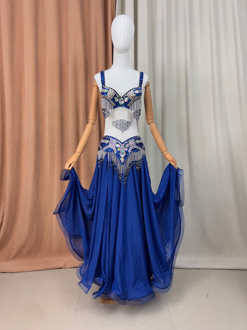 Livraison gratuite Costume de samba de danse du ventre en perles à la main or blanc rouge bleu royal soutien-gorge ceinture jupe Royal blue