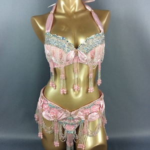 Hand Beaded Belly Dance Samba Costume PALE PINK bra belt 2pcs