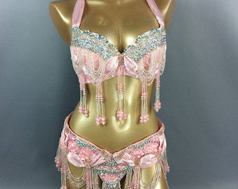 Hand Beaded Belly Dance Samba Costume PALE PINK bra belt 2pcs