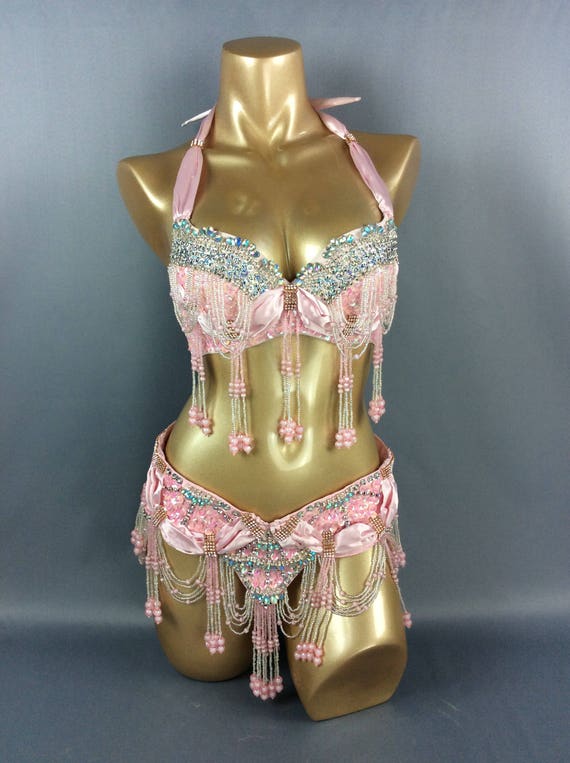 Hand Beaded Belly Dance Samba Costume PALE PINK Bra Belt 2pcs 