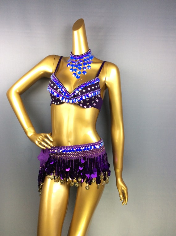 Samba Belly Dance Costume Hand Beaded Sequins Purple Color Bra and Scarf  Necklace -  Israel