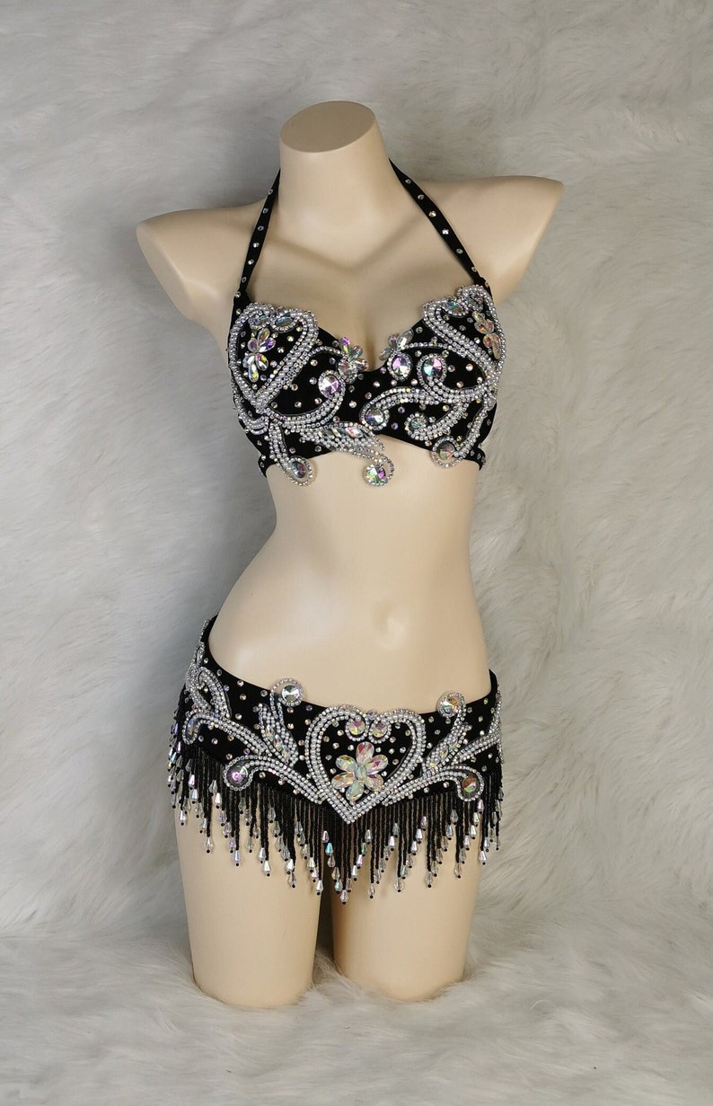 Halloween costumes Hand make Beaded Belly Dance Samba Costume silver color bra belt 2 pcs tf1909 