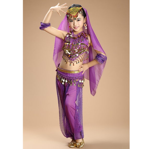 top+pants+waist chain+veil Hot sale kids belly dance 4pcs indian clothes girls belly dance costume