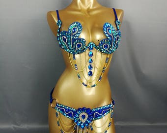 Halloween costumes Samba Carnivel wire Bra and belt Rainbow Stone  CB010 Royal blue and gold color