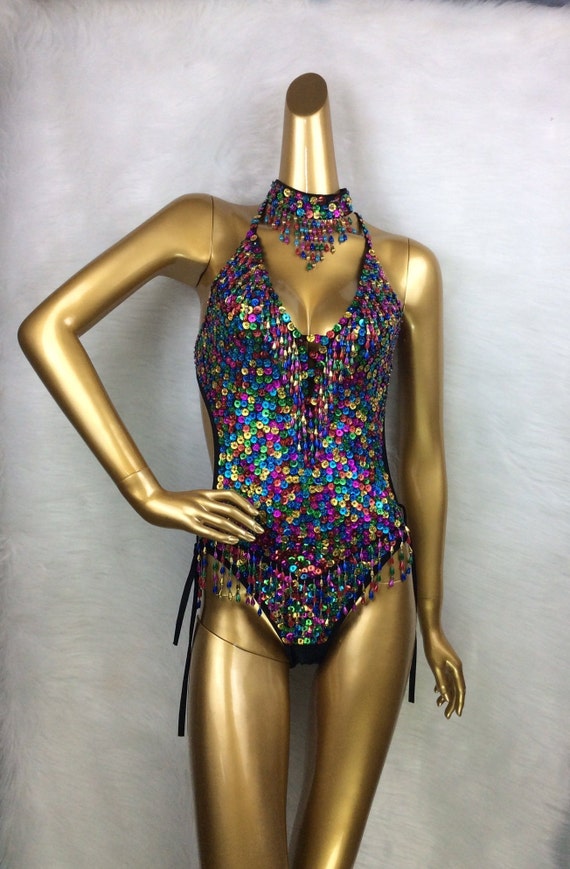 Sexy Women Beads Bodysuit Sequin Swimsuit Latin Belly Dance Costume Dancer  One-piece Outfit Costume Stage Performance Leotard 