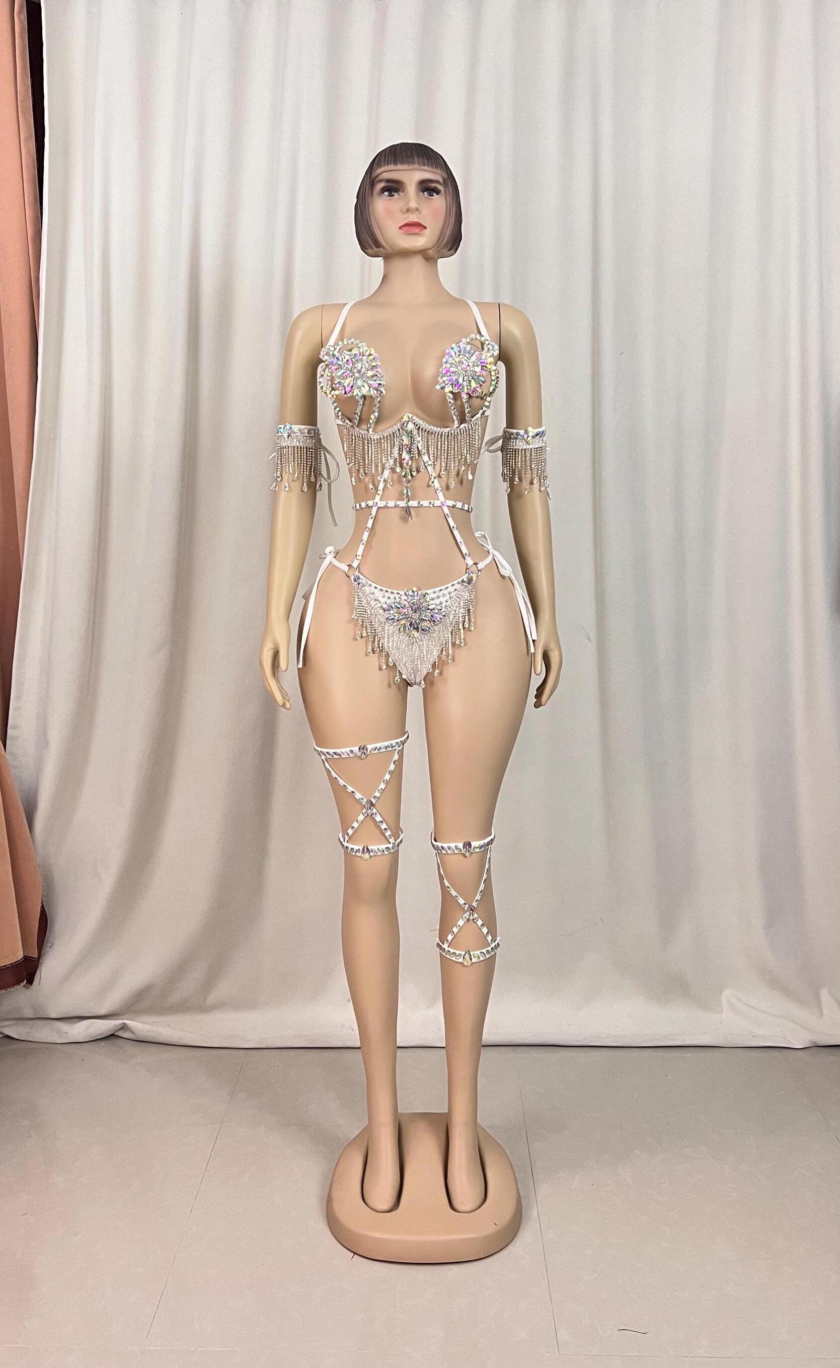 New Samba Carnival Silver Costumes Handmade Wire Bra And Panty With Arm Band,Leg Band For EDC Festival