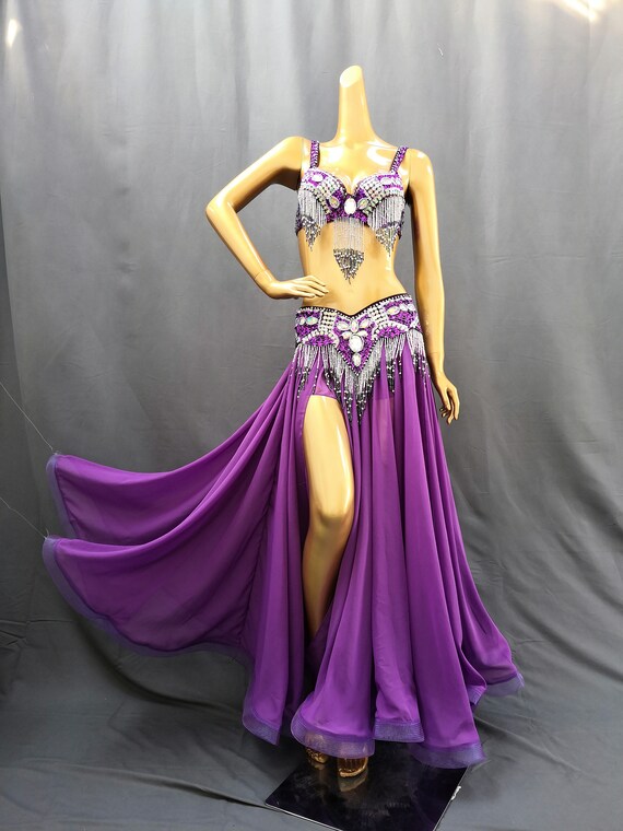 FREE SHIPPING Hand Beaded Belly Dance Samba Costume Purple Color