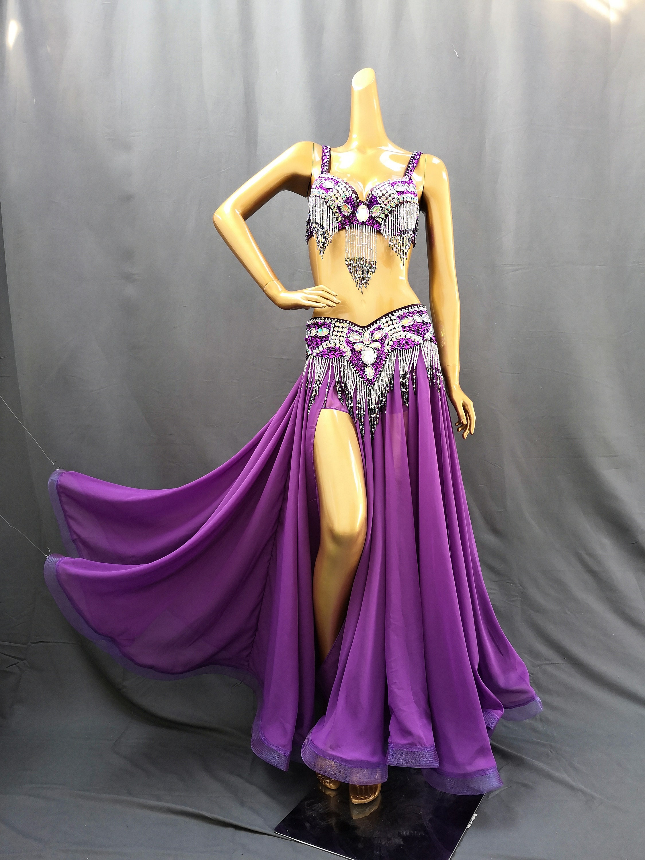 FREE SHIPPING Hand Beaded Belly Dance Samba Costume Purple Color Bra Belt  skirt Tf1618 