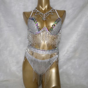 PARTY club Samba dress Bra Belt  panties Bottom silver Color RAVE costume C026