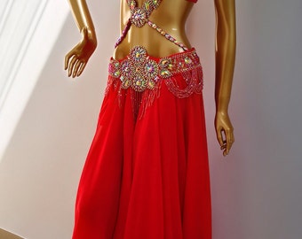 Hand Made Beaded Belly Dance Samba Costume Red Color Bra Belt skirtneck 4  Pcs Tf1732 