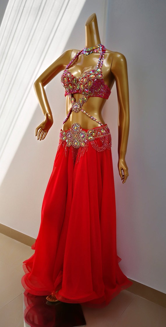 Samba Belly Dance Costume FREE SHIPPING Hand Beaded Red Color Bra and Scarf belt 
