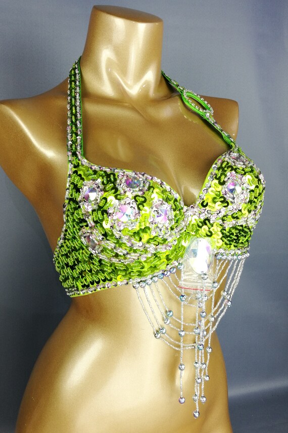 Hand Beaded Belly Dance Samba Costume Bra Only LIGHT GREEN Color Bra209 